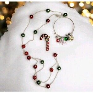 Christmas Holiday Fashion Jewelry Lot Candy Cane Brooch Charm Bracelet Necklace